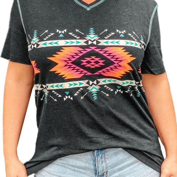 Gray Aztec Geometric Print V Neck Tee - Picture 6 of 10